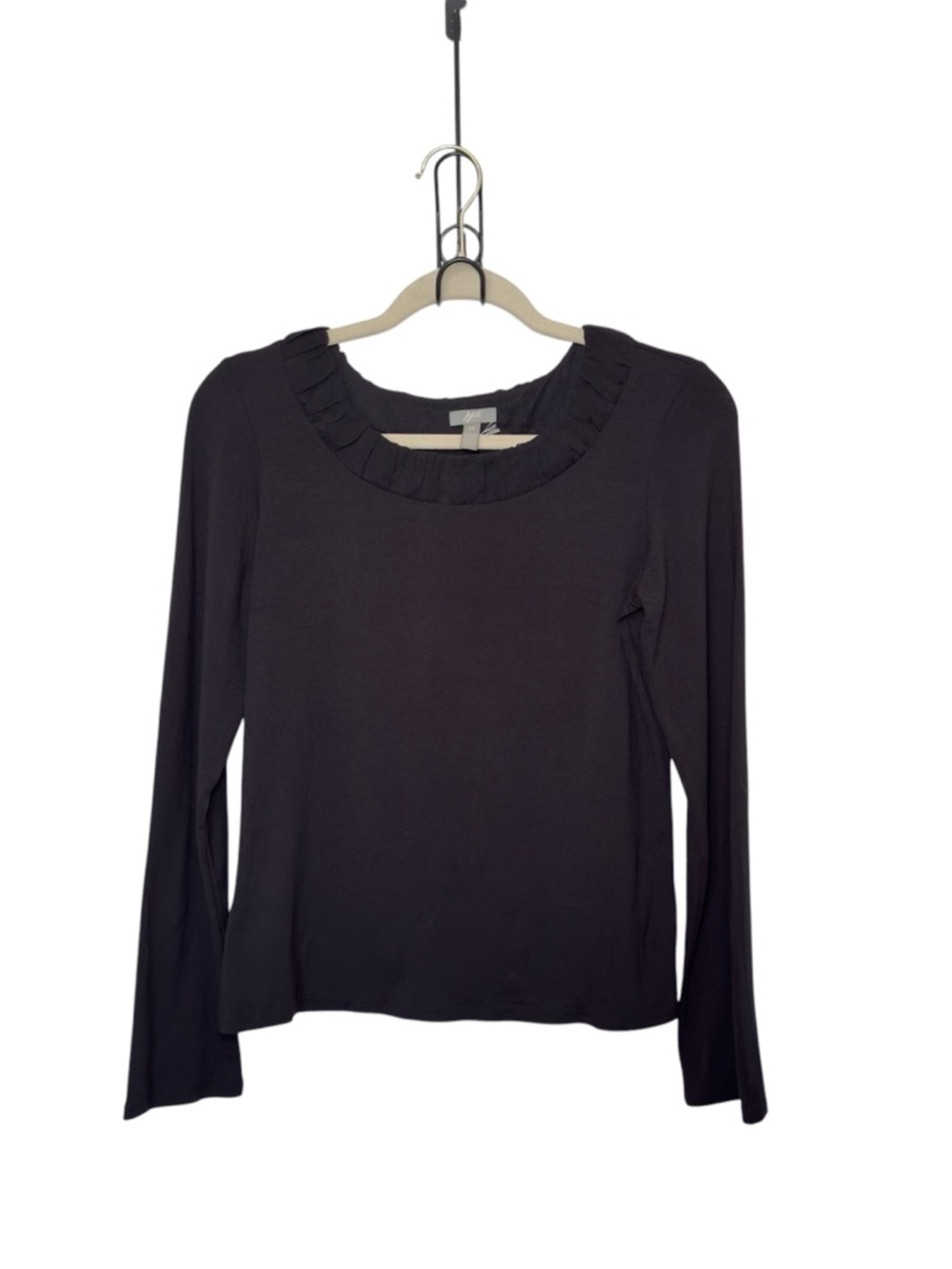J. Jill XS Black Ruffle Neckline Long‎ Sleeve Minimalist Stretch Top Normcore